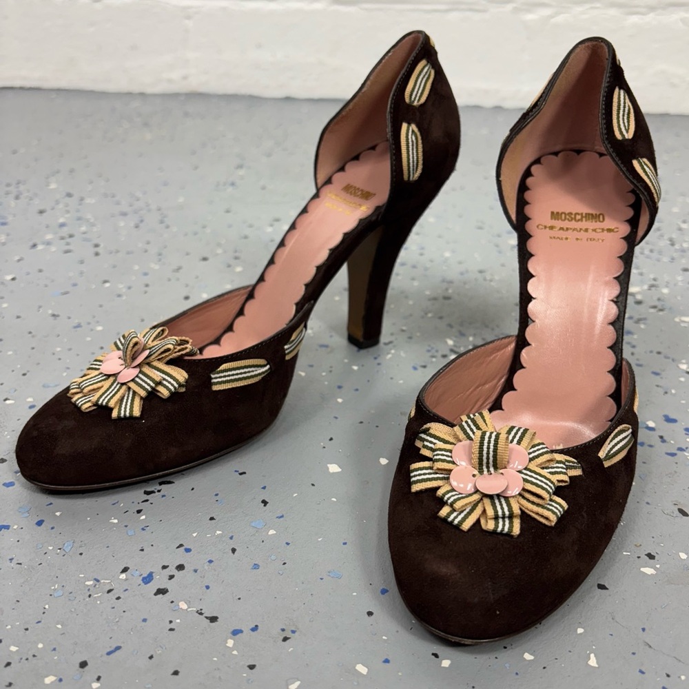 Vintage Y2K Moschino Cheap Chic Dorsay Pumps Brown Suede Ribbon Bow IT 39 US 9